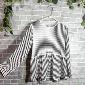 Striped Knit Peplum Blouse Lace & Stripes Black and White Neutral Top L